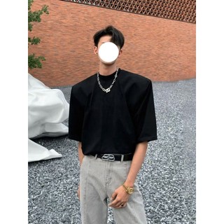 Áo Thun Cotton Màu Đen Tay Lửng 320g Có Đệm Vai Và Cổ Cao Cấp Dành Cho Nam