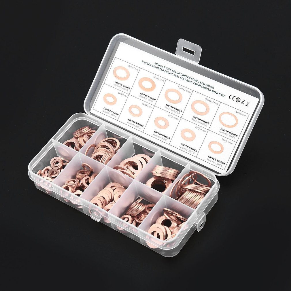 200Pcs Solid Copper Washer M5-M14 Flat Ring Sump Plug Seal Assorted Set Box Electrical Conductivity Thermal [Q/13]