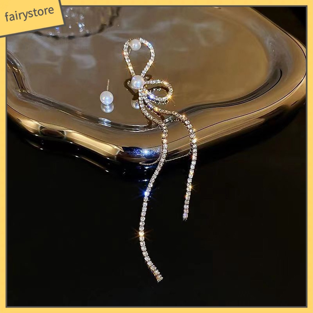 1 Đôi Bông Tai Tua Rua Dài Đính Đá &amp; Ngọc Trai Giả