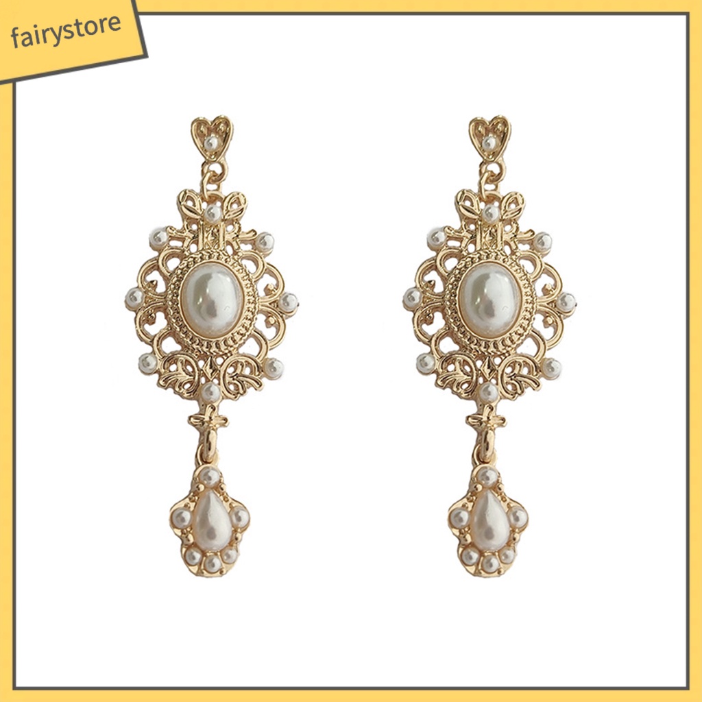 [FRO] 1 Đôi Bông Tai Thiết Kế Hình Học Đính Ngọc Trai Giả Phong Cách Hoàng Gia Retro Thời Trang Tòa Án Baroque