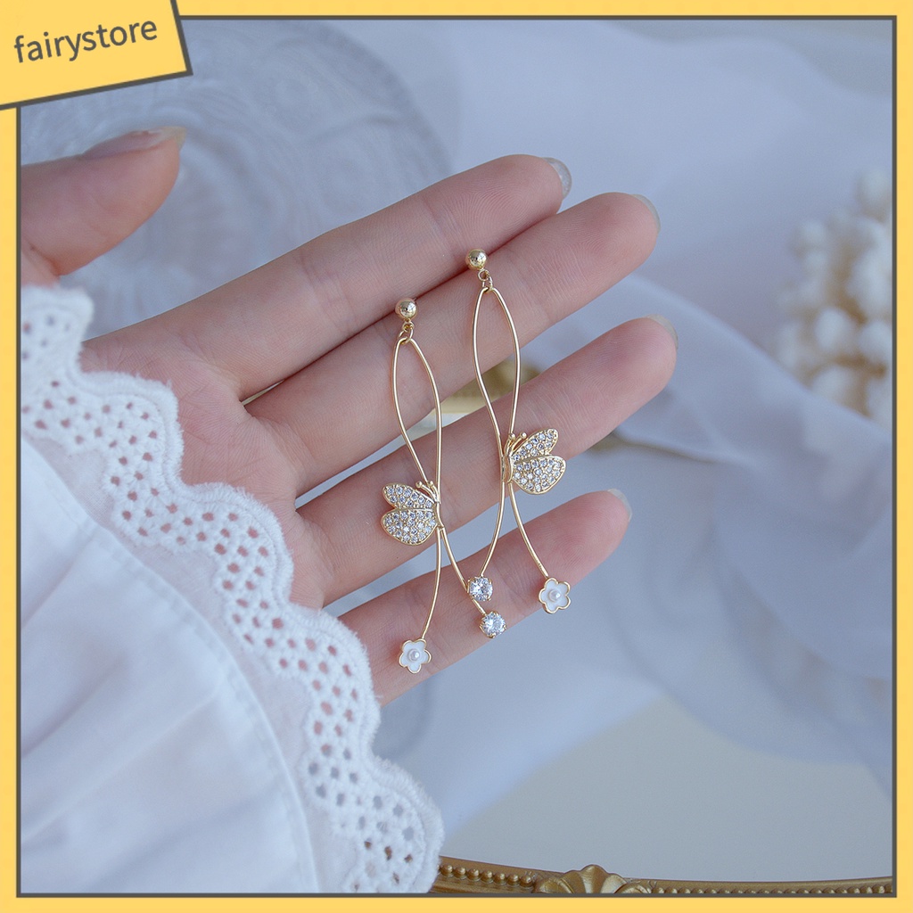 1 Đôi Bông Tai Nữ Đính Đá Ngọc Trai Nhân Tạo Hình Bướm / Chữ Thập Thời Trang