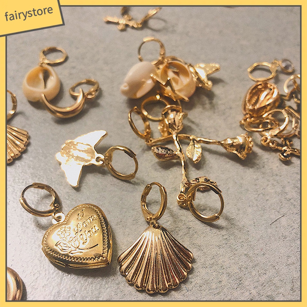 Bông Tai Dạng Vòng Hình Vỏ Sò / Hoa Hồng / Ngôi Sao / Mặt Trăng Dành Cho Nữ