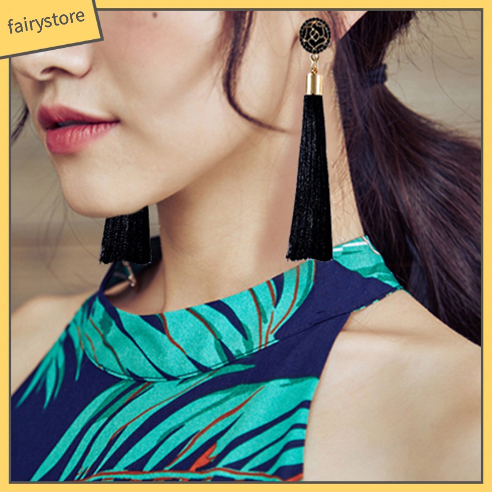 Bông Tai Dáng Dài Phối Tua Rua Hình Hoa Phong Cách Bohemian Thời Trang