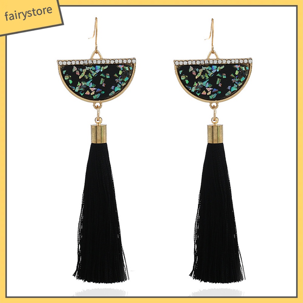 Bông Tai Dáng Dài Đính Đá Phối Tua Rua Hình Quạt Phong Cách Dân Tộc Cổ Điển Thời Trang Cho Nữ