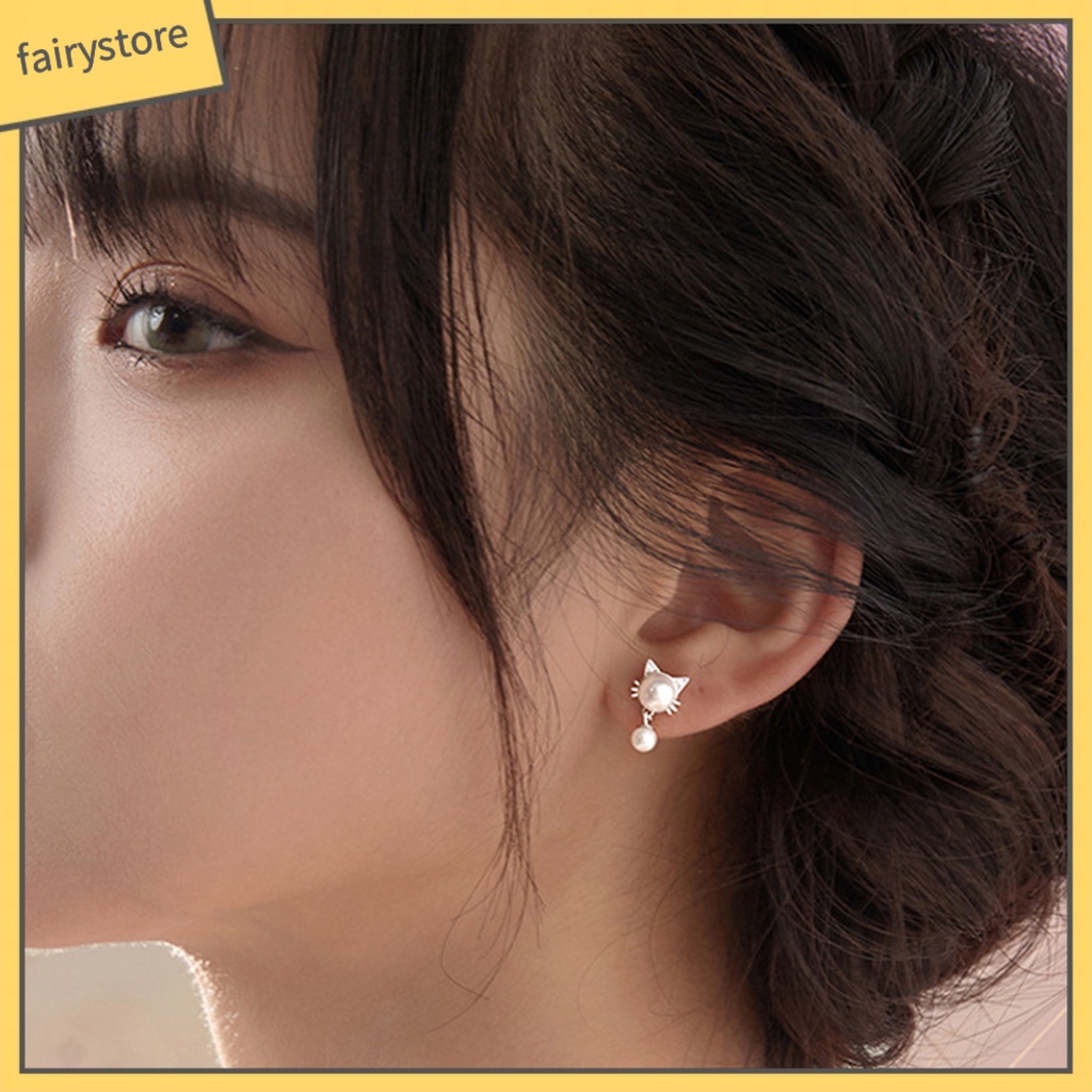 [FRO] 1 Đôi Bông Tai Dạng Treo Hình Mèo Trắng Bắt Mắt Chống Mài Mòn Trang Trí Hạt Charms