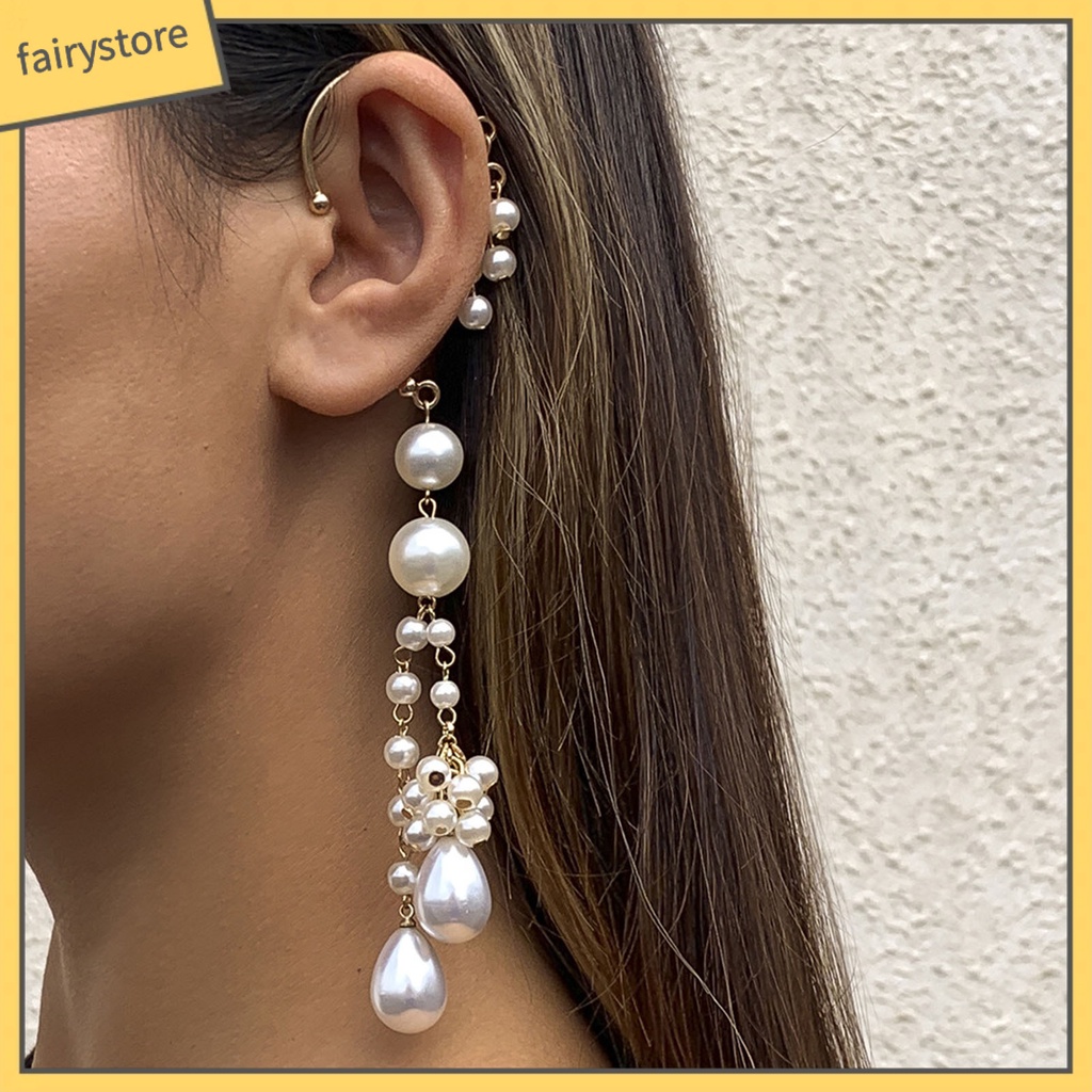 1 Khuyên Kẹp Vành Tai Dáng Dài Đính Ngọc Trai Nhân Tạo Thời Trang