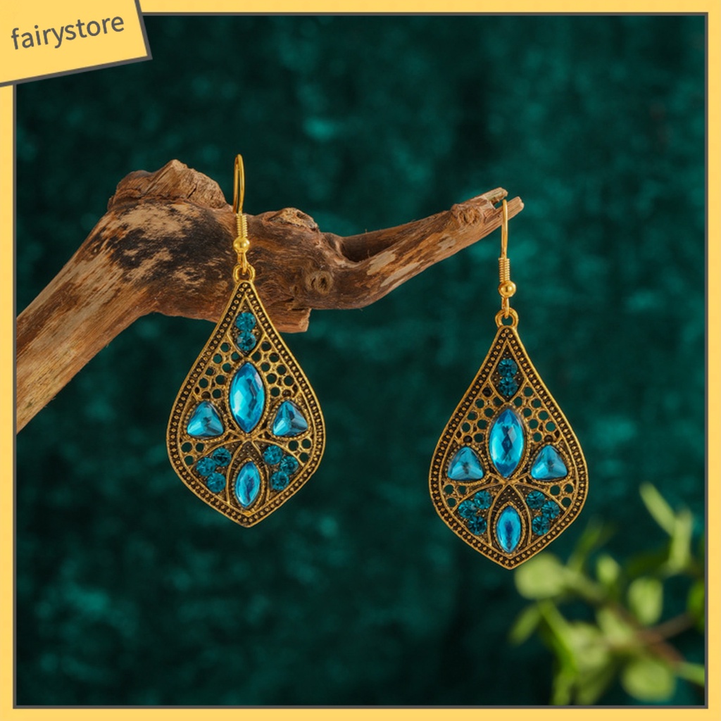 1 Đôi Bông Tai Hình Giọt Nước Đính Đá Phong Cách Retro Dành Cho Nữ