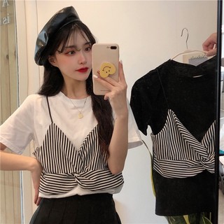 Áo Thun Tay Ngắn Giả Hai Lớp Vải Cotton Phong Cách Hàn Quốc Cá Tính Cho Nữ