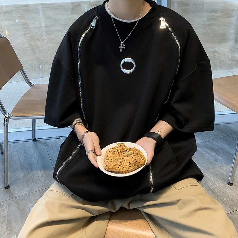 Áo Thun Tay Ngắn Phối Khóa Kéo Đôi Phong Cách Thời Trang Unisex