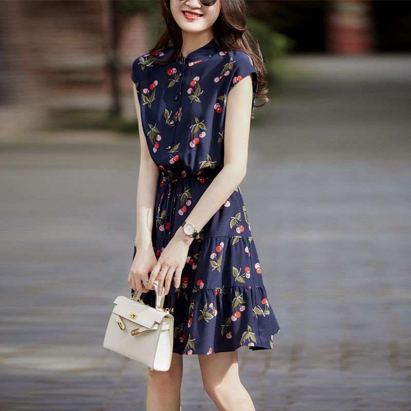 Đầm Chiffon Mỏng Chiết Eo In Họa Tiết Quả Cherry Thời Trang Mùa Hè 2023 Phong Cách Pháp Cho Nữ