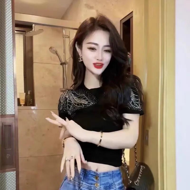 Áo Thun Cao Cấp Tay Ngắn Đính Đá Lấp Lánh Kiểu Dáng Mùa Hè Plus Size