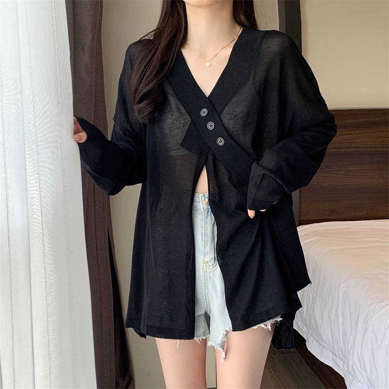 Áo Cardigan Dệt Kim Tay Dài Cổ Chữ V Xẻ Tà Màu Trơn Thời Trang Mùa Hè Hàng Mới Dành Cho