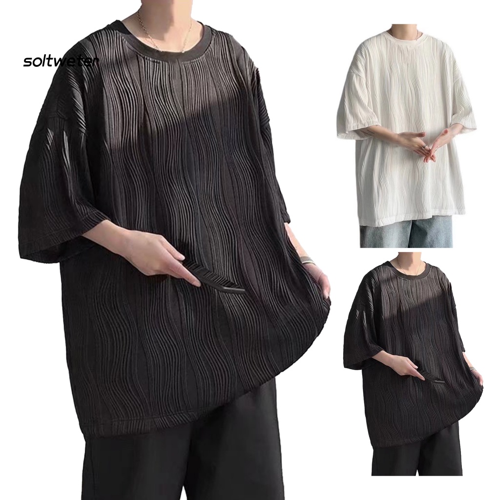 Áo Thun Tay Lỡ Cổ Tròn Vải Mềm Màu Trơn Thoáng Khí Thoải Mái Cho Nam