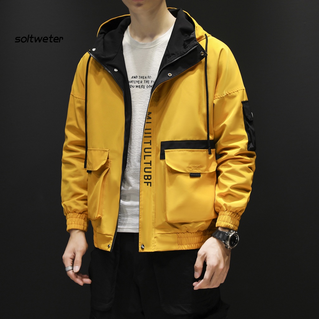 Áo Khoác Bóng Chày Có Mũ Trùm Phối Dây Rút Nhiều Túi In Chữ Màu Khối Thời Trang Mùa Thu Cho Nam