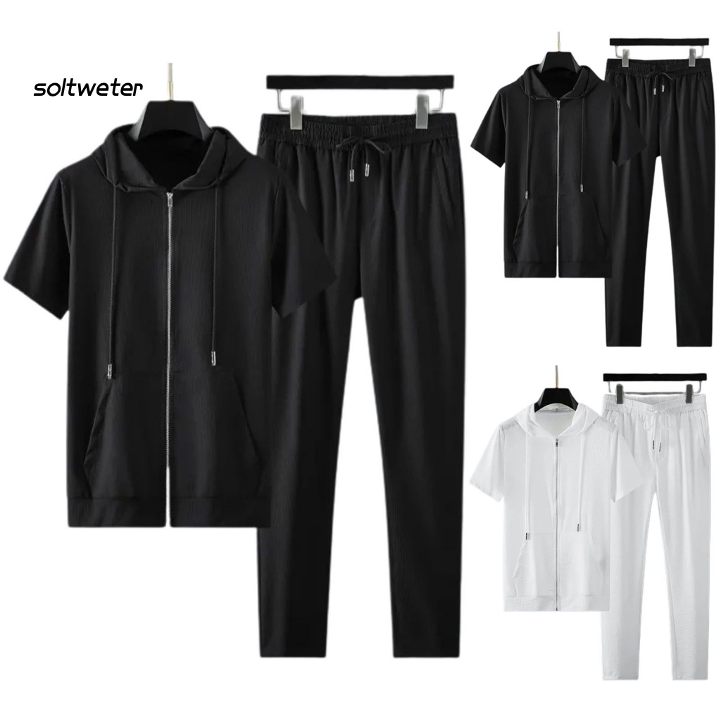 Bộ Trang Phục 2 Mảnh Gồm Áo Hoodie Màu Sắc Đơn Giản Và Quần Dài Lưng Thun Co Giãn Thoáng Khí Cho Nam