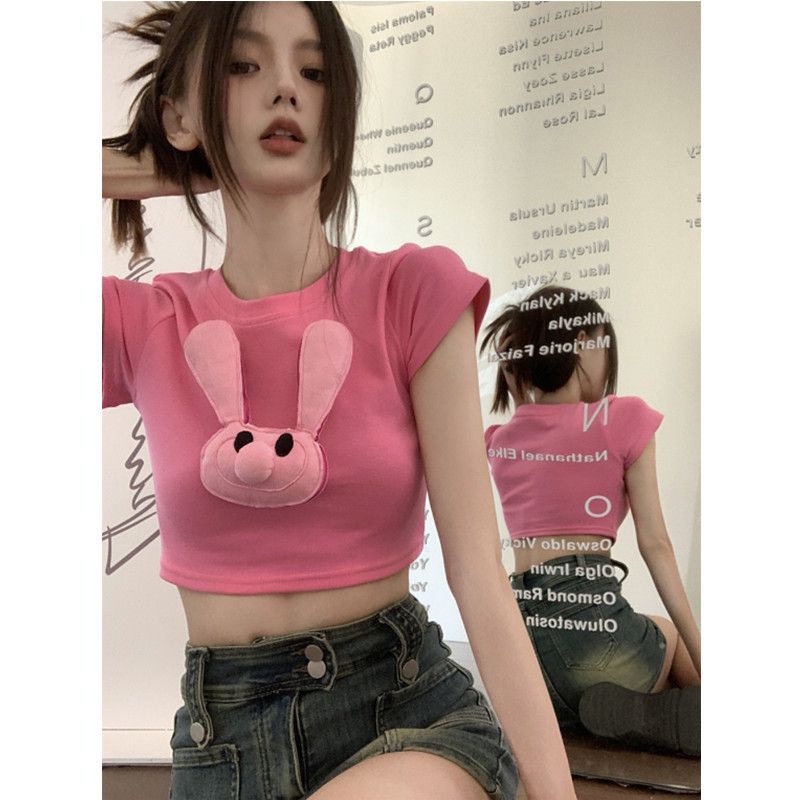 Áo Thun Tay Ngắn Cổ Tròn Ôm Dáng Họa Tiết Thỏ Ba Chiều Thời Trang Mùa Hè Quyến Rũ Cho Nữ