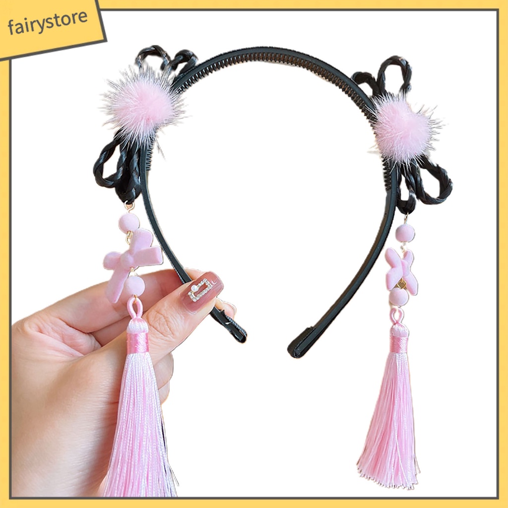 Băng Đô Nơ Đính Ngọc Trai Co Giãn Phối Bóng Lông Tua Rua Phong Cách Trung Hoa Mừng Năm Mới Cho Bé Gái