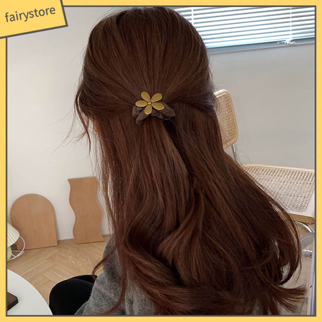 Dây Cột Tóc Co Giãn Đính Hoa Kim Loại Màu Trơn Đơn Giản Cho Nữ
