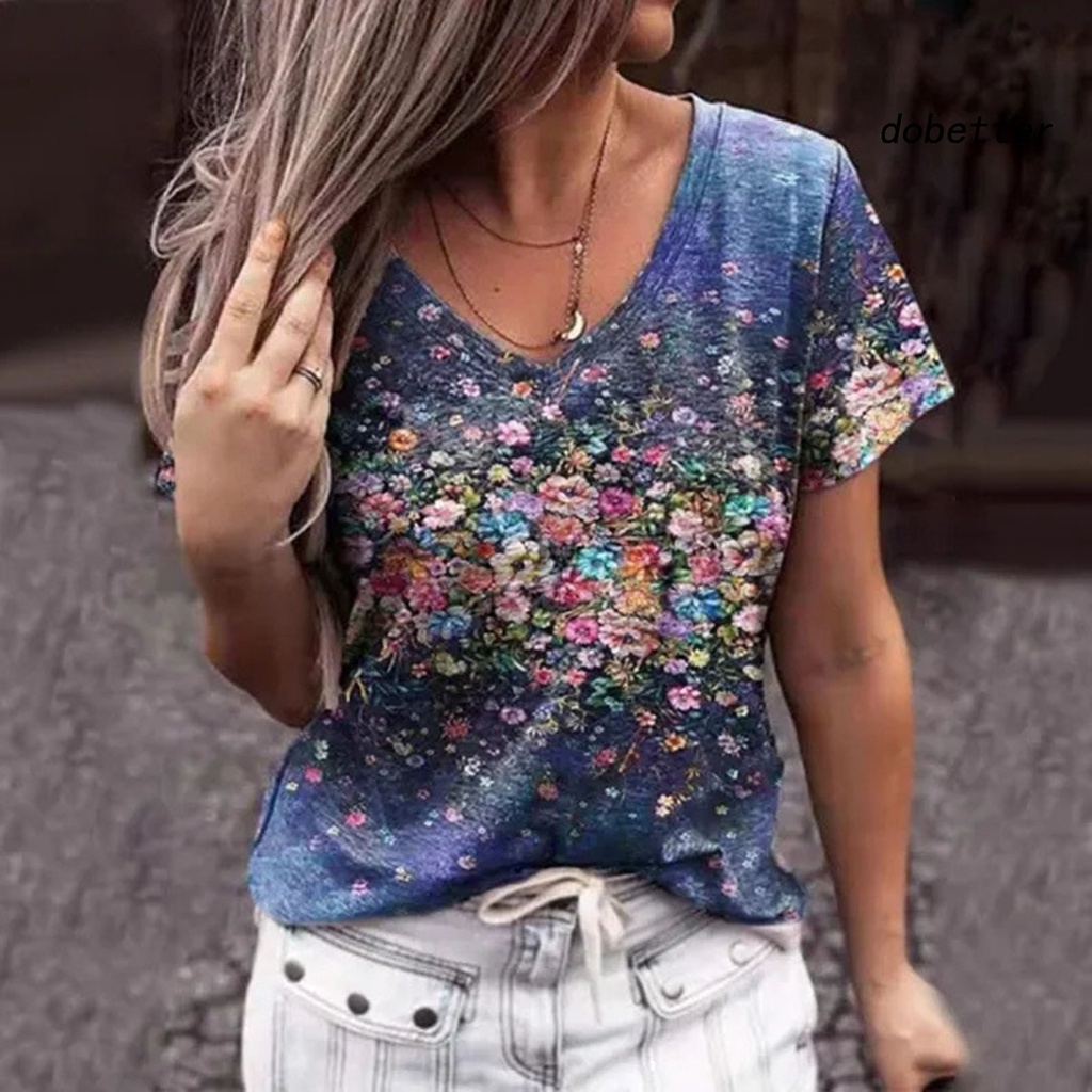 Áo Thun Tay Ngắn Cổ Chữ V In Họa Tiết Hoa 3D Phong Cách Đường Phố Thời Trang Mùa Hè Cho Nữ