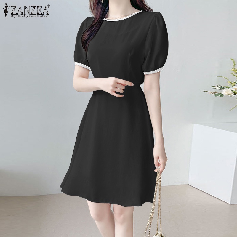 ZANZEA Đầm Ngắn Tay Cổ Tròn Thời Trang Nữ Hàn Quốc