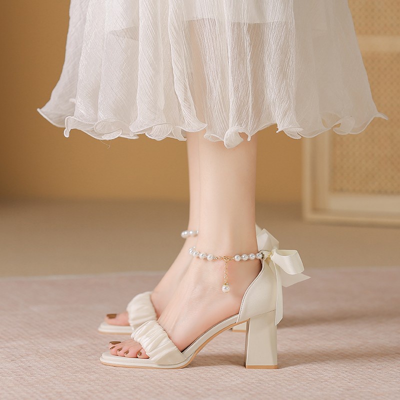 Duoya Tóc Thẳng ~ [Hàng Có Sẵn] Giày Sandal Cao Gót Thô Đính Nơ Vừa Vặn Dễ Phối Đồ Cho Nữ