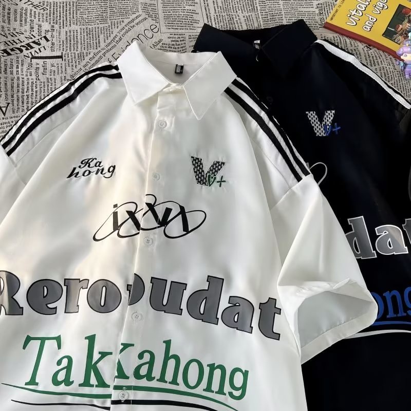 Áo Thun polo Ngắn Tay Form Rộng Thêu Họa Tiết Phong Cách Đường Phố Mỹ