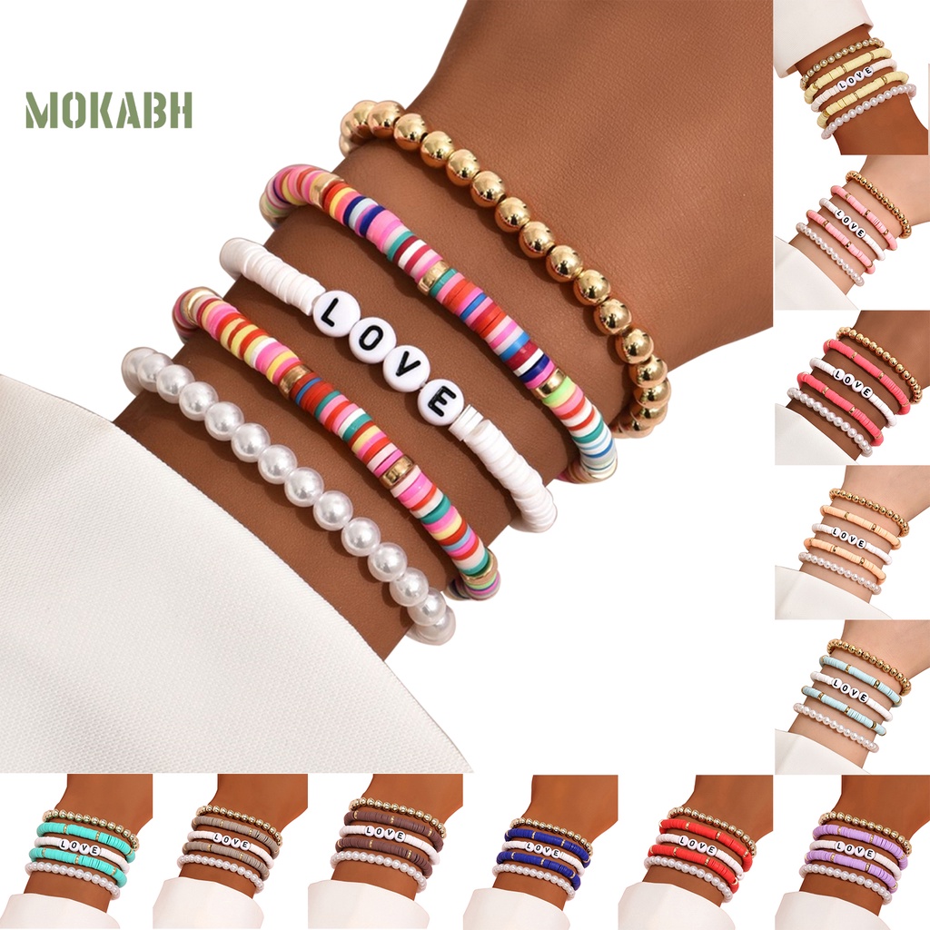 5 Vòng Tay Hạt Đất Sét Polymer Nhiều Màu Sắc Họa Tiết Chữ Love Phong Cách Bohemian