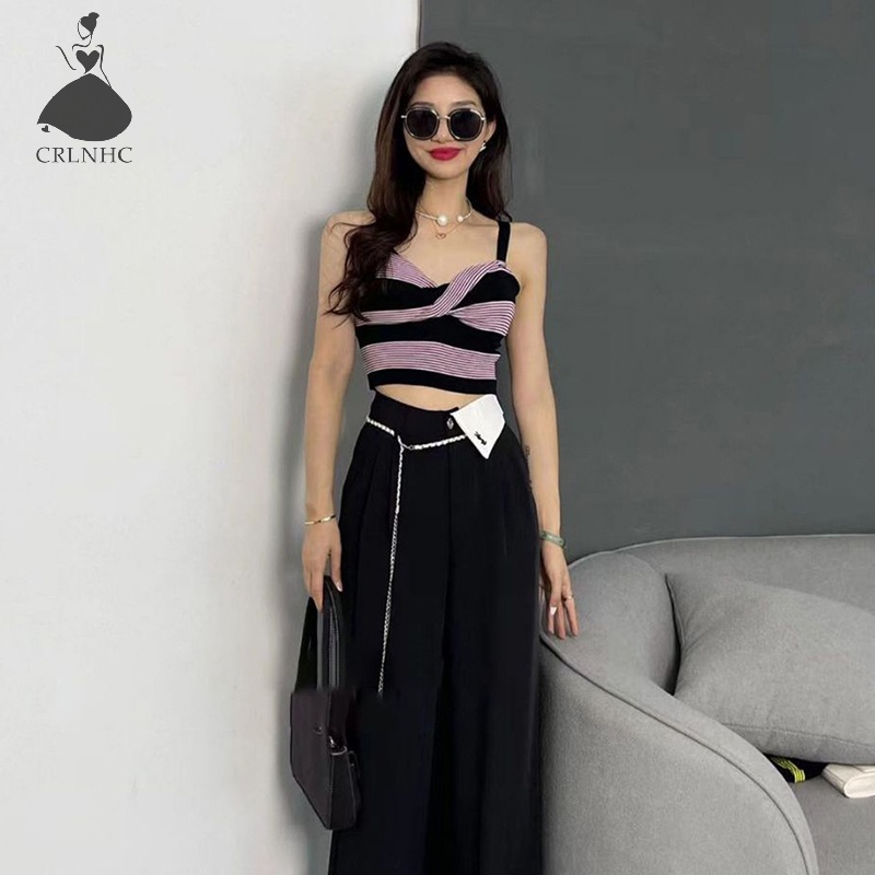 Áo Hai Dây Dệt Kim Kẻ Sọc Màu Tương Phản Quyến Rũ Thời Trang Cho Nữ