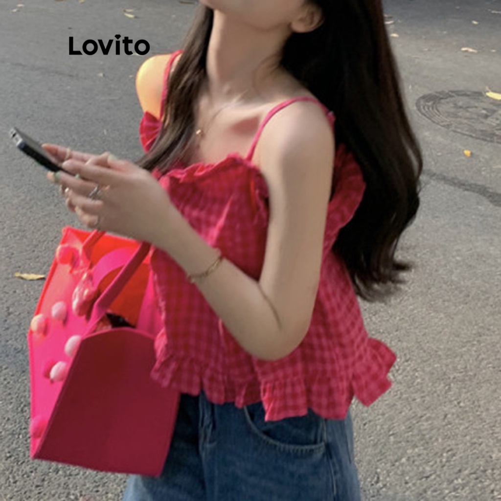 Áo Lovito cộc tay thắt dây kẻ caro thường ngày cho nữ LNA08046