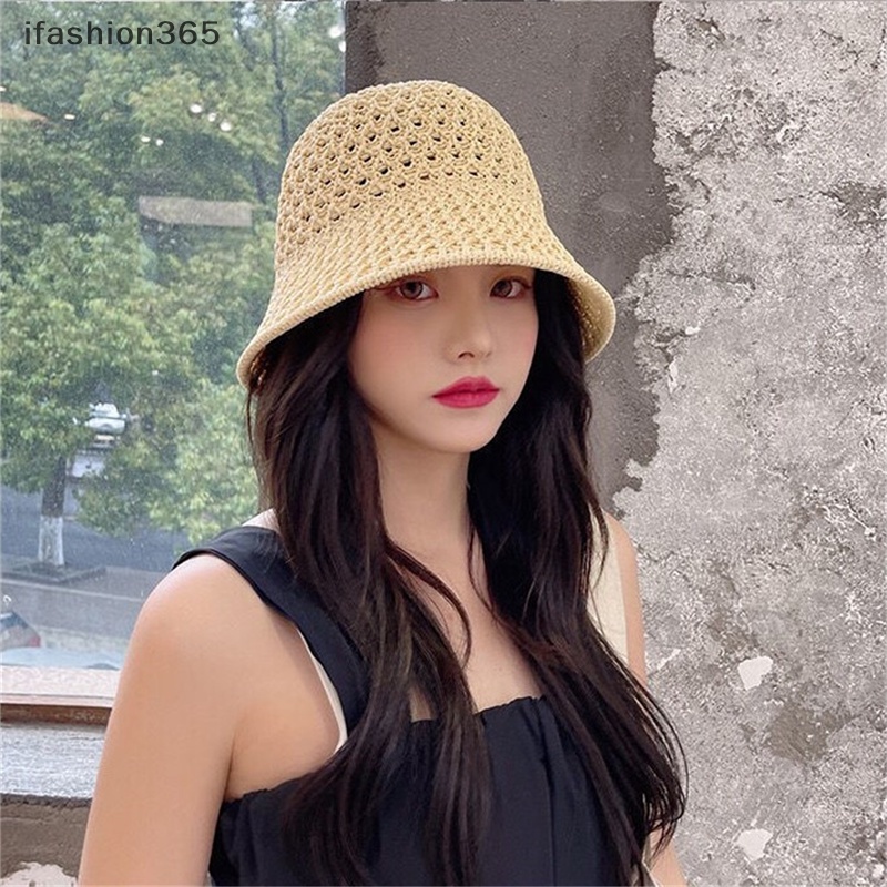 Mũ Bucket Dệt Kim Mềm Màu Trơn Đơn Giản Thời Trang Mùa Hè ifashion365