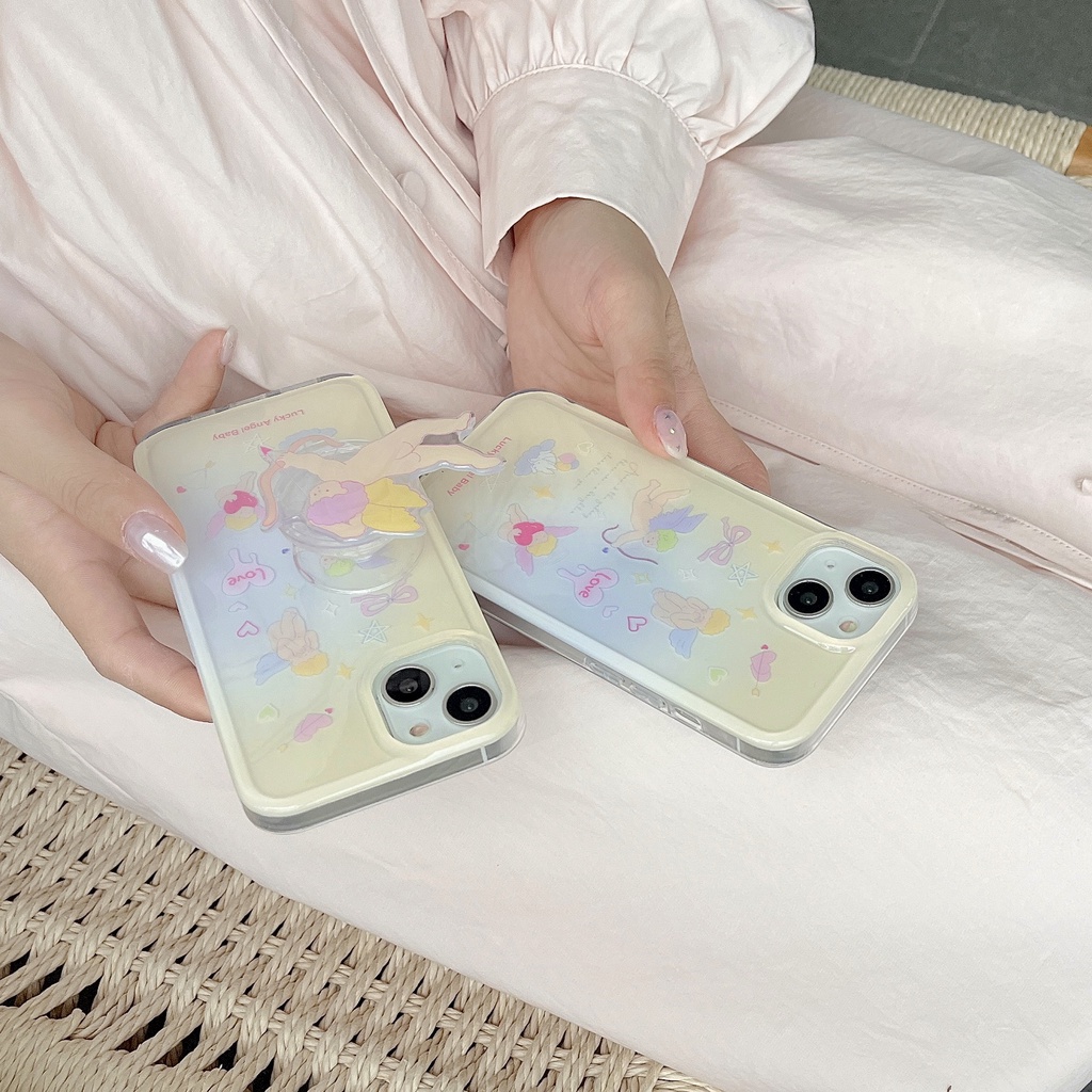 Ốp Điện Thoại Imd Trong Suốt Viền Thẳng In Hoạt Hình Thiên Thần Kèm Giá Đỡ Cho iPhone 14 13 12 11 PRO MAX