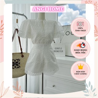 Set áo cổ trụ ren xẻ v ngực tay phồng + quần short ren angi home