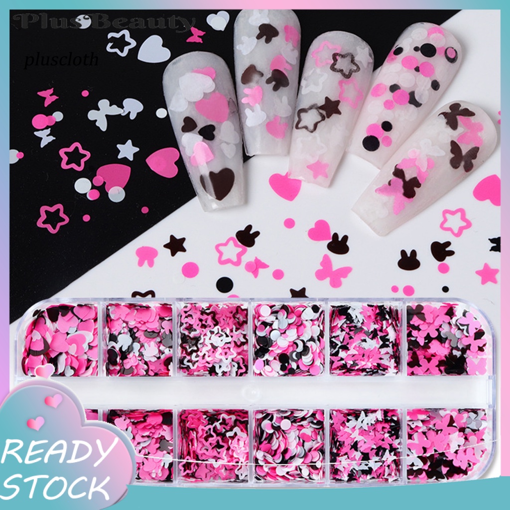 1 Hộp 12 Ngăn Đựng Hạt Kim Sa Tròn / Bướm / Ngôi Sao / Trái Tim Trang Trí Móng Tay Nghệ Thuật