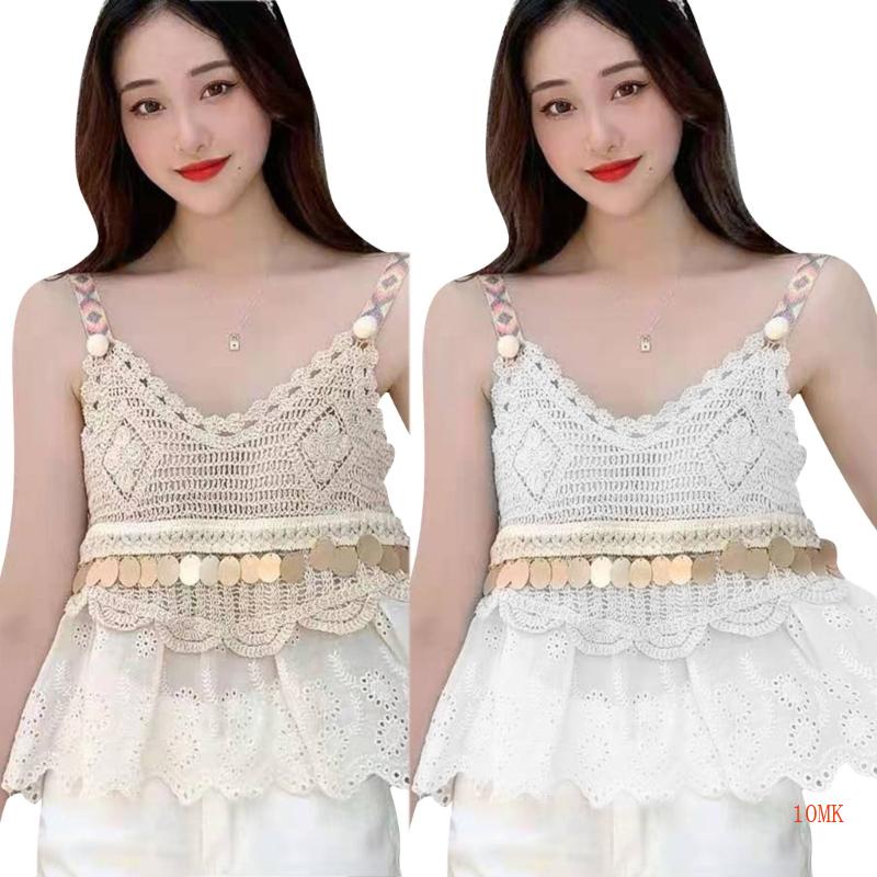 Xiangbao Áo Kiểu Babydoll Không Tay Cổ Chữ V Tua Rua Rỗng Viền Bèo Lấp Lánh Thời Trang Mùa Hè Cho Nữ