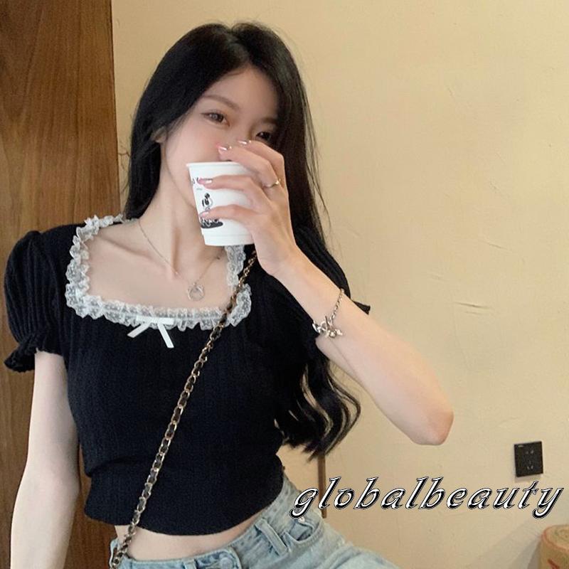 Áo Croptop Cổ Vuông Tay Phồng Phối Ren Thời Trang Mùa Hè Cho Nữ