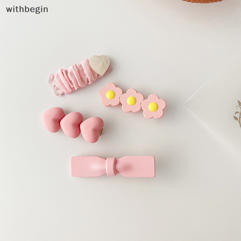 Set 4 / 2 Kẹp Tóc Nơ Hình Hoa Màu Hồng Ngọt Ngào Cho Bé Gái