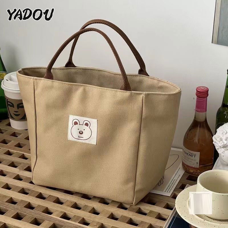 Túi Tote Vải Canvas Đựng Hộp Cơm Trưa In Hình Gấu Kiểu Nhật Bản Đơn Giản