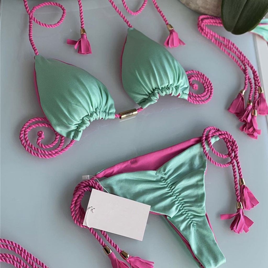 Goodlayy Bộ Bikini 2 Mảnh Dây Bện Đệm Tua Rua Hình Tam Giác Không Dây Thấp Cho Nữ