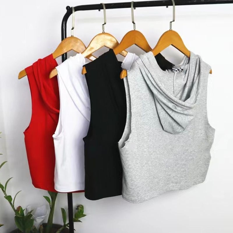 Áo Sát Nách Có Mũ Trùm Đầu Dáng Rộng Bằng Vải Cotton Trơn Phối Dây Rút Thời Trang Mùa Hè Cho Nữ