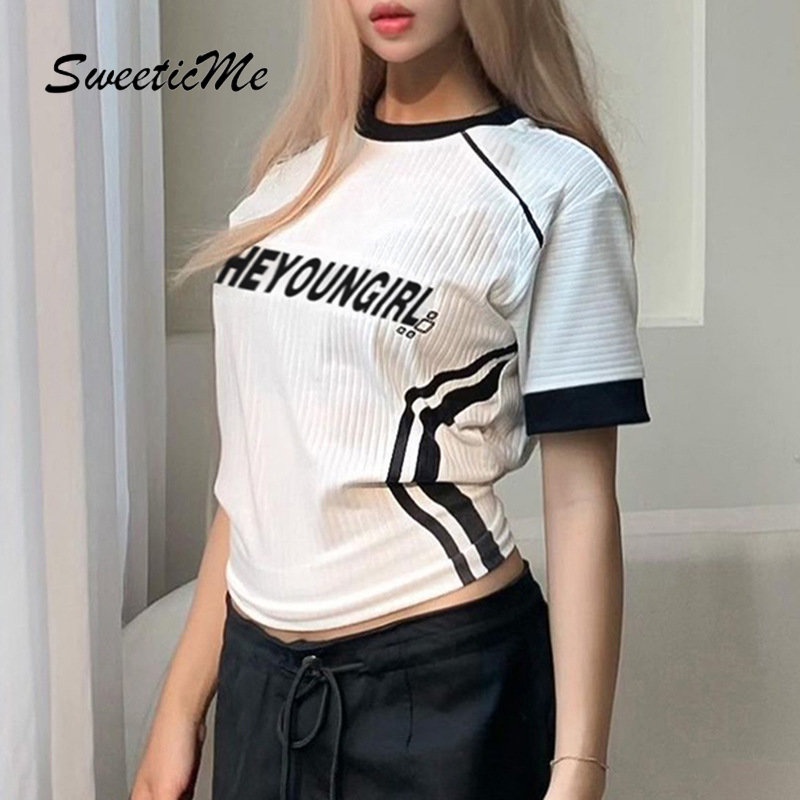 Áo Thun Thể Thao Cổ Tròn In Chữ Phối Màu Tương Phản Thời Trang 2023 Cho Nữ