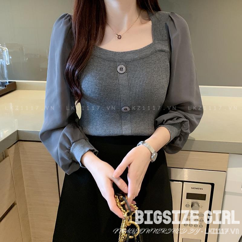 Áo len nữ kiểu Bigsize Áo dệt kim nữ dáng ôm tay dài cổ vuông trơn mùa thu Phong cách Hàn Quốc Thời Trang cá tính xinh đẹp cho người mập béo nữ