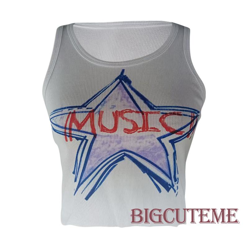 [] - Áo Crop Top Không Tay Cổ Thuyền Tosp Màu Trắng In Hình Ngôi Sao Mùa Hè Cho Nữ