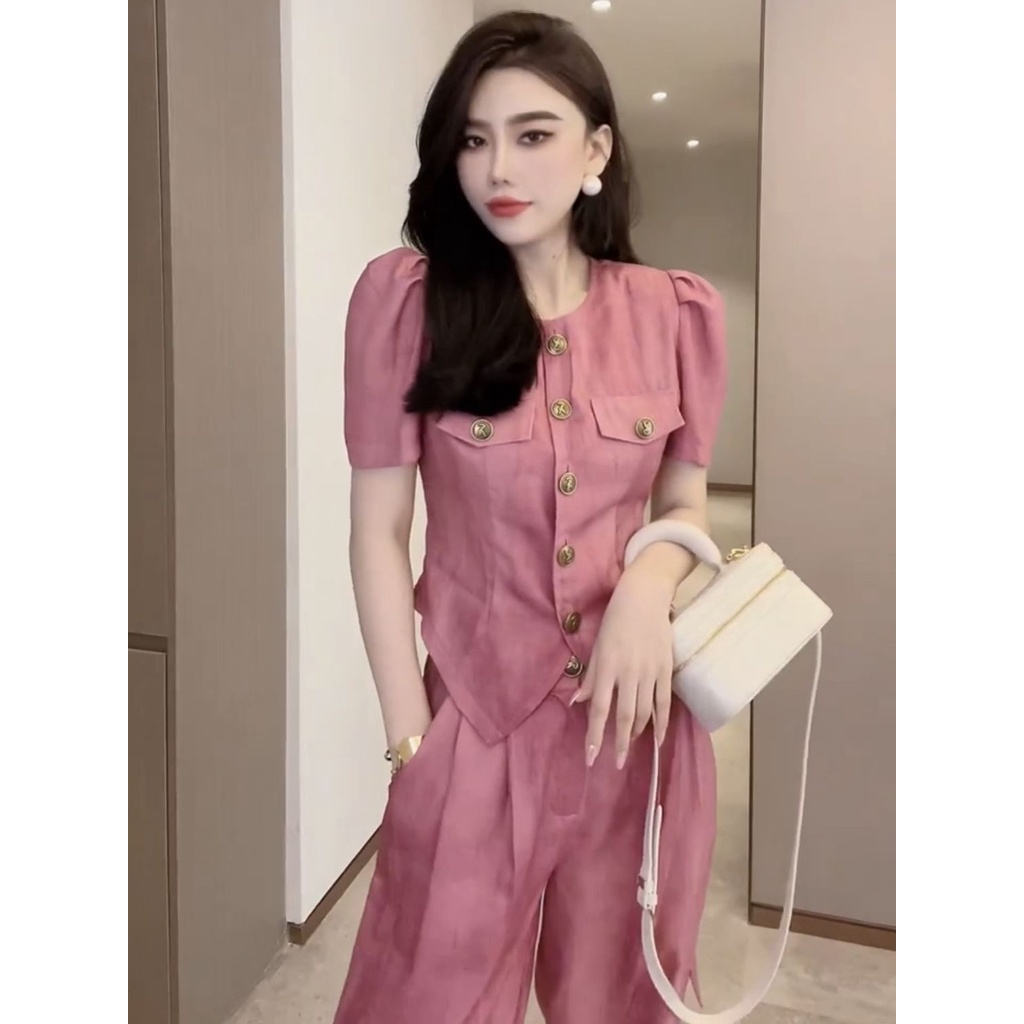 Áo Tay Ngắn Phồng Ôm Dáng Phối Nút Kim Loại + Quần Ống Rộng Thời Trang Mùa Hè 2023 Cho Nữ