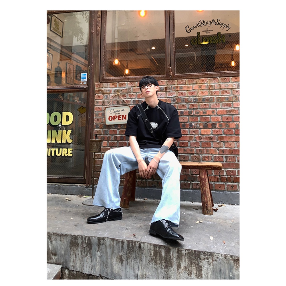 Áo Thun Tay Ngắn Cổ Tròn Dáng Rộng Phối Khóa Kéo Thời Trang Mùa Hè Cho Nam