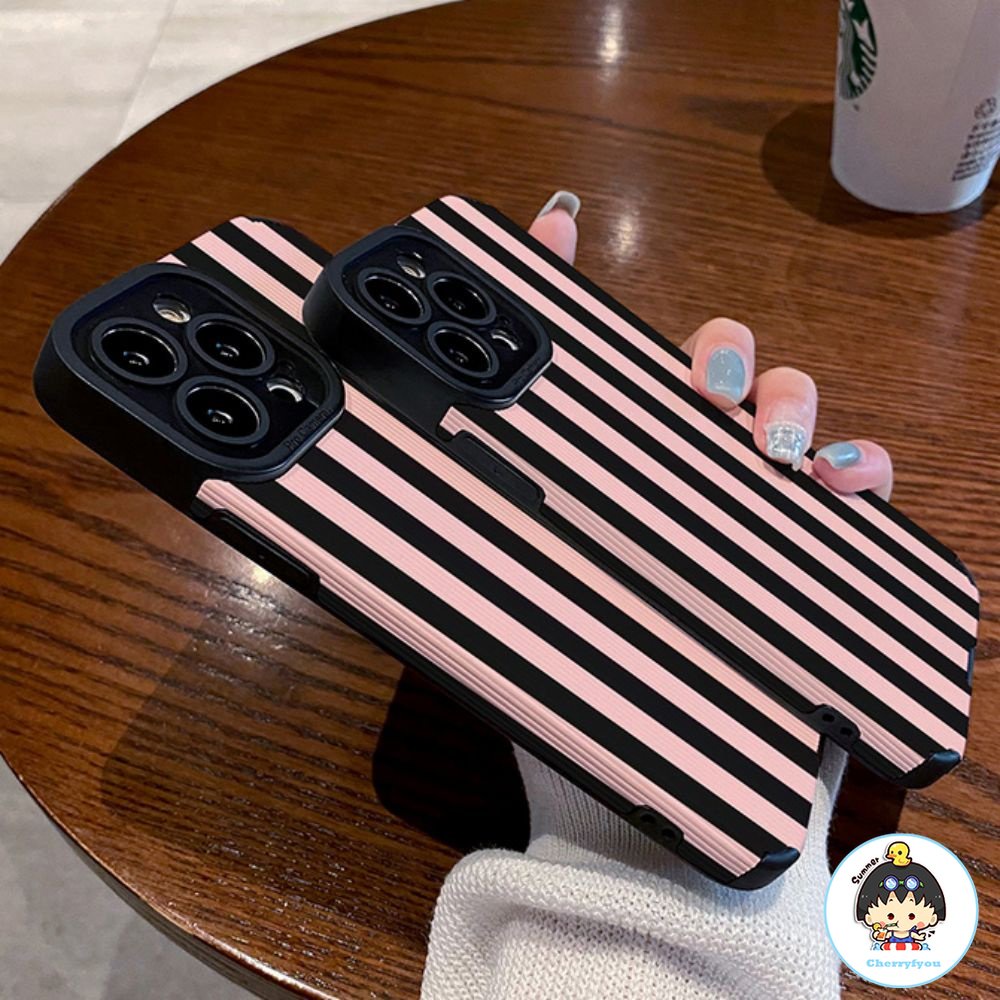 Ốp Điện Thoại Da Giả + TPU Kẻ Sọc Màu Hồng Thời Trang Cho IPhone 14 13 12 11 Pro Max X XR 8 7 Plus SE