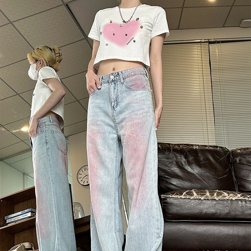 Quần Jean Dài Ống Rộng Màu Sắc Tương Phản Graffiti Mỹ Thời Trang Mùa Hè Cho Nữ