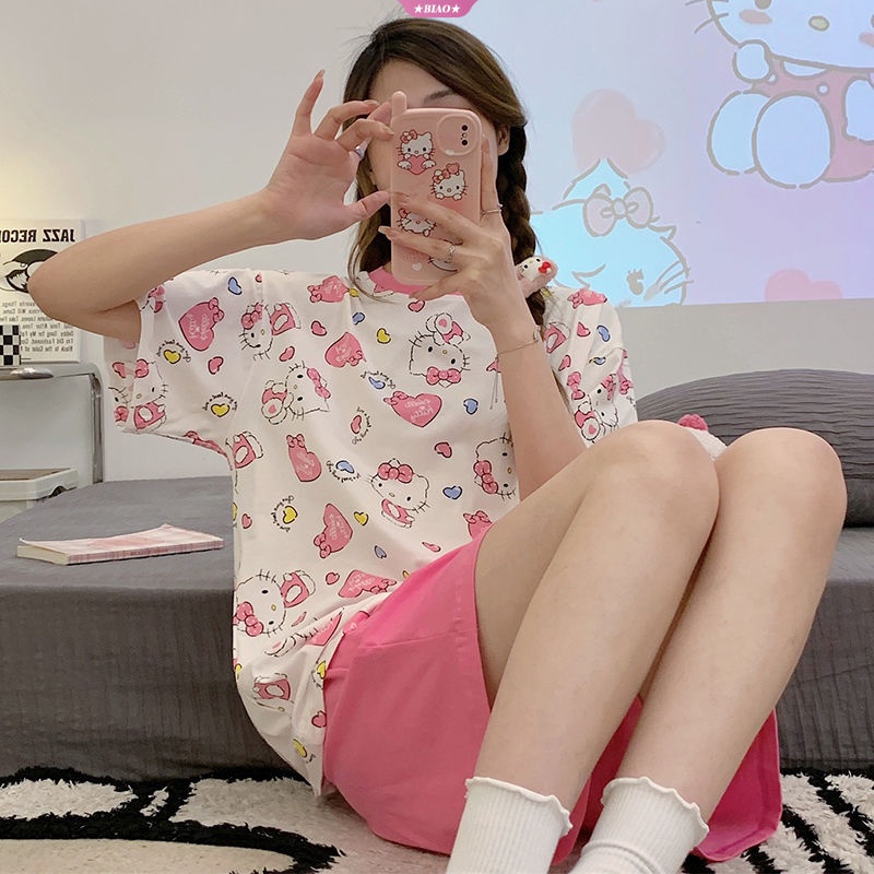 SANRIO Bộ Đồ Ngủ 2 Món Áo Thun Tay Ngắn Phối Quần Dài Dáng Rộng In Hoạt Hình Hello Kitty Dễ Thương Thời Trang Mùa Hè Cho Nữ Y2k