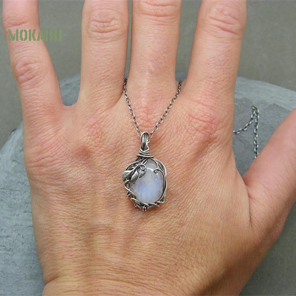 [Mok] Vòng cổ Mạ Bạc Mặt Đá Mặt Trăng Chất Lượng Cao Phong Cách Vintage Cho Nữ