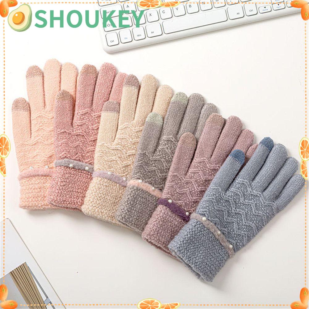 SHOUKEY Găng Tay Dệt Kim Dày Năm Ngón Trang Trí Mùa Đông
