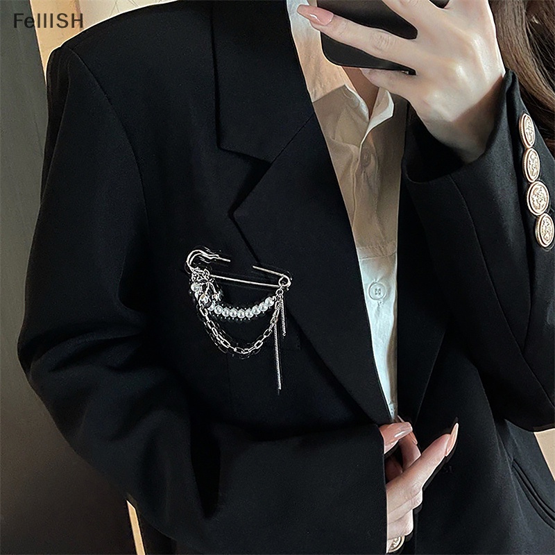 Ghim Cài Áo Màu Bạc Phối Tua Rua Và Ngọc Trai Đen Phong Cách Punk Gothic Harajuku Đường Phố Cho Nam Và Nữ 439br